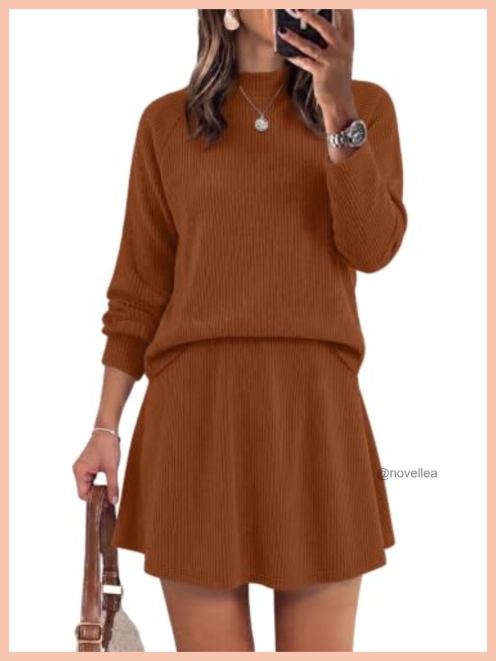 WIHOLL 2 Piece Sweater Skirt Set Mock Neck Mini A-Line Lightweight